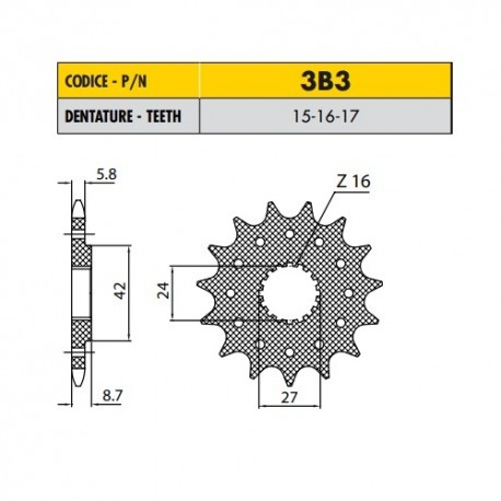 3B316 - Pignone in Acciaio Sunstar Passo 520 con 16 denti