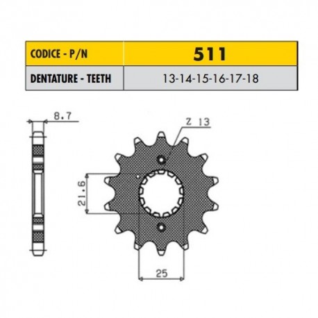 51113 - Pignone in Acciaio Sunstar Passo 530 con 13 denti