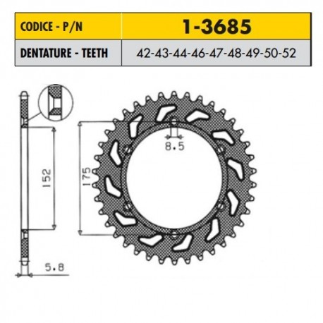 1-3685-44 - Corona in Acciaio Sunstar passo 520 con 44 denti