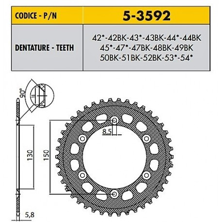 5-3592-42BK - Corona in Ergal Sunstar passo 520 con 42 denti