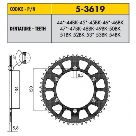 5-3619-44 - Corona in Ergal Sunstar passo 520 con 44 denti