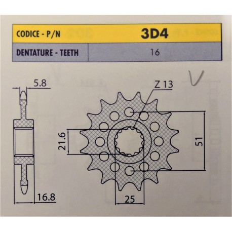 3D416 - Pignone in Acciaio Sunstar Passo 520 con 16 denti